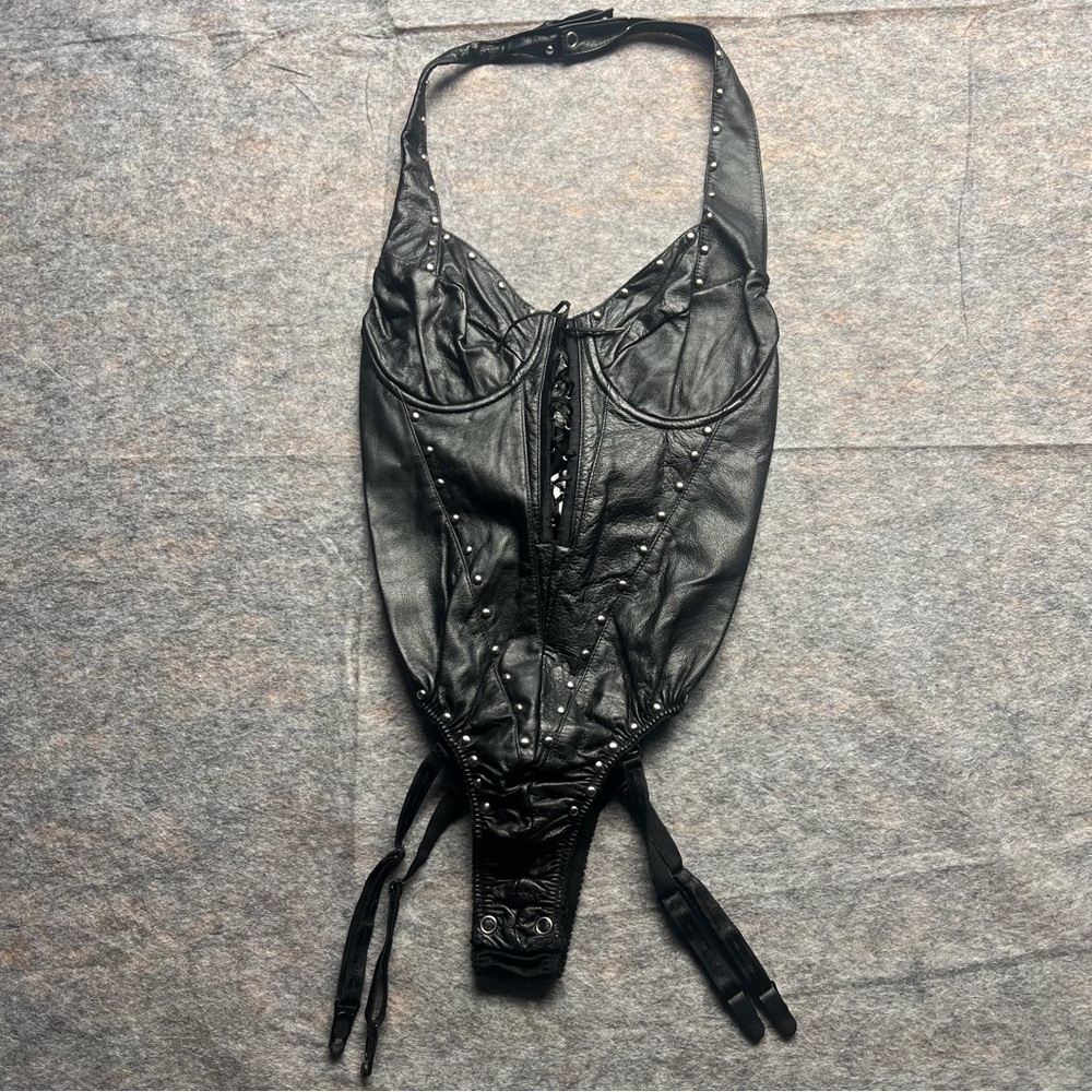 Black Studded Leather Halter Bodysuit